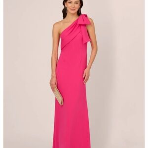 STRETCH CREPE ONE SHOULDER MERMAID GOWN WITH BOW ACCENT IN HOT PINK